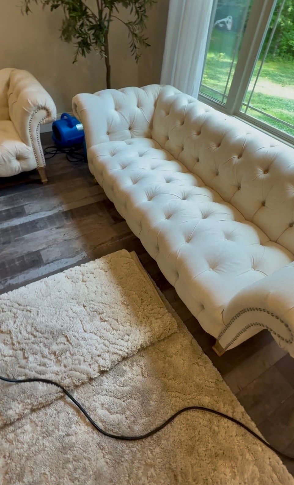 Light-colored tufted designer couch after professional upholstery cleaning in 4S Ranch