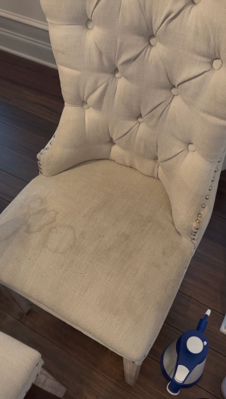 Cotton-upholstered dining chair seat with visible everyday soil and discoloration before cleaning